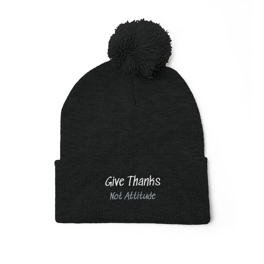 Embroidered Pom-Pom Beanie — 'Give Thanks' Knit Cap for Fall & Thanksgiving