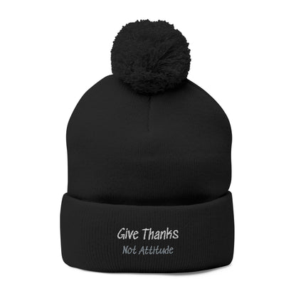 Embroidered Pom-Pom Beanie — 'Give Thanks' Knit Cap for Fall & Thanksgiving