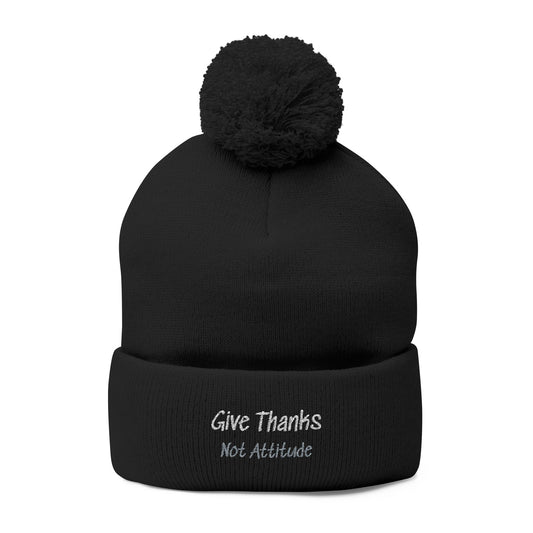 Embroidered Pom-Pom Beanie — 'Give Thanks' Knit Cap for Fall & Thanksgiving