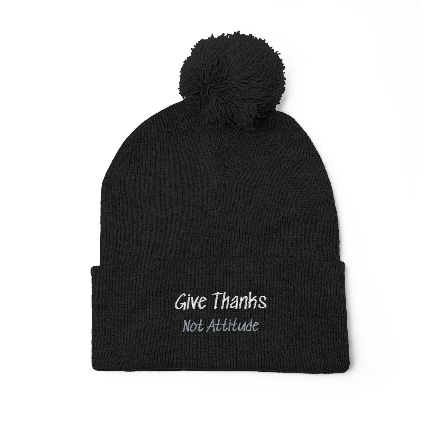 Embroidered Pom-Pom Beanie — 'Give Thanks' Knit Cap for Fall & Thanksgiving