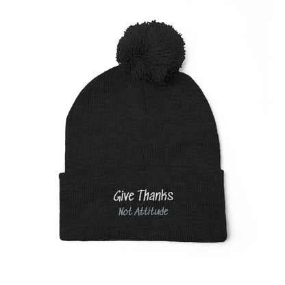 Embroidered Pom-Pom Beanie — 'Give Thanks' Knit Cap for Fall & Thanksgiving