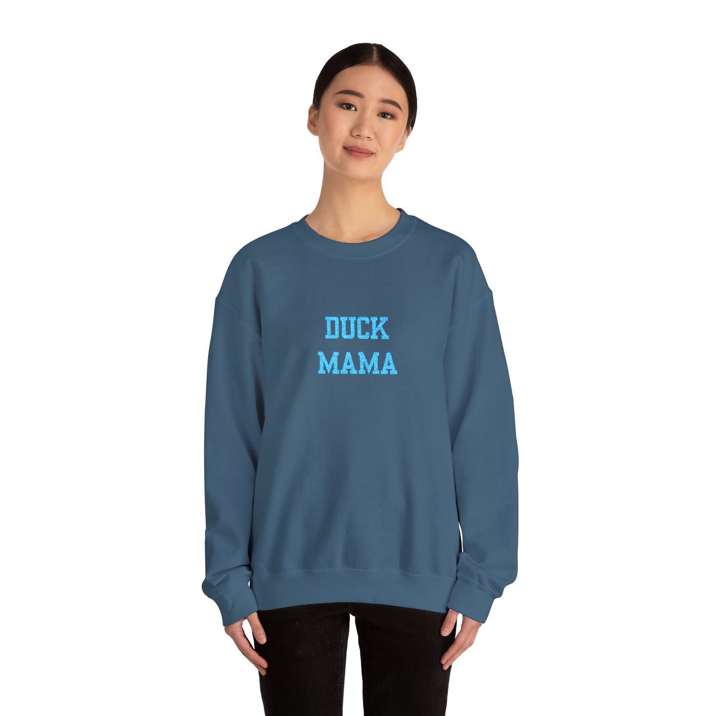 Embroidered Crewneck Sweatshirt — "DUCK MAMA" Blue Script Cozy Mom Pullover