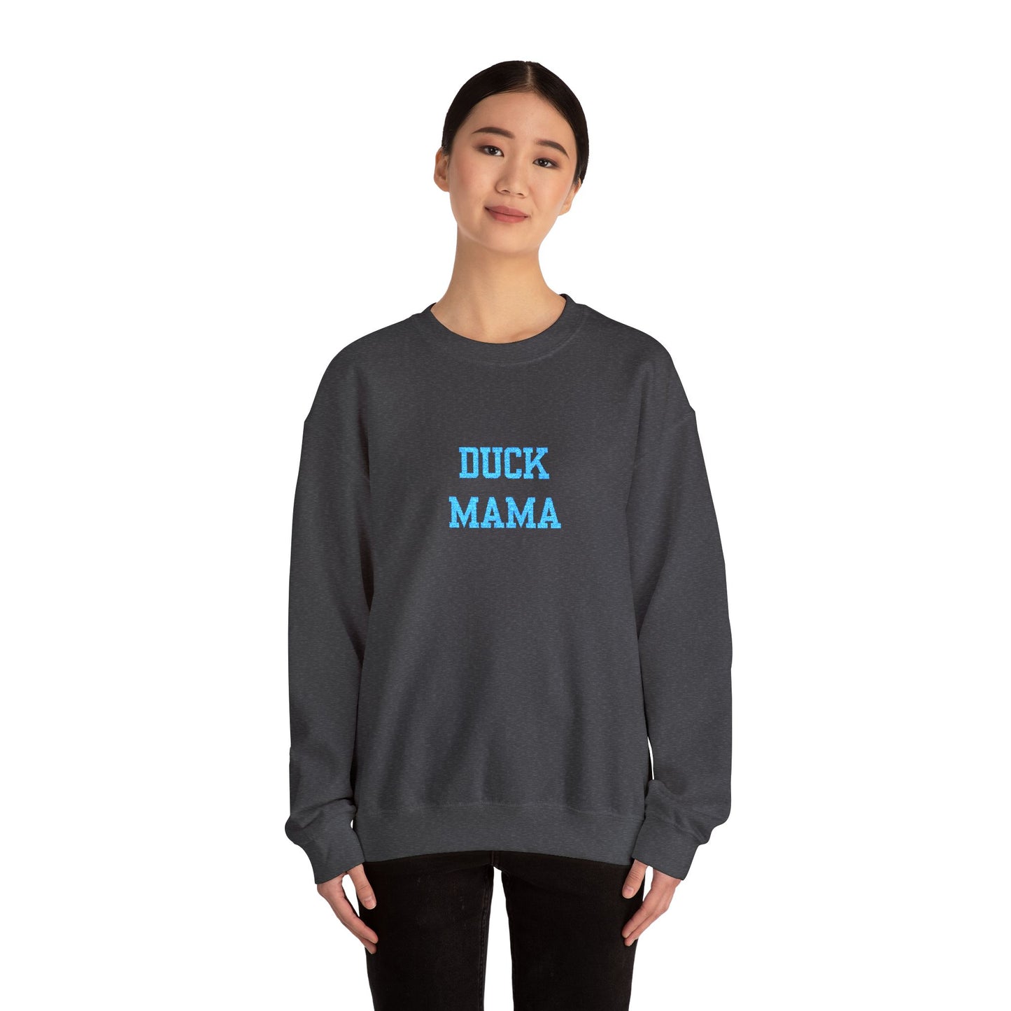 Embroidered Crewneck Sweatshirt — "DUCK MAMA" Blue Script Cozy Mom Pullover
