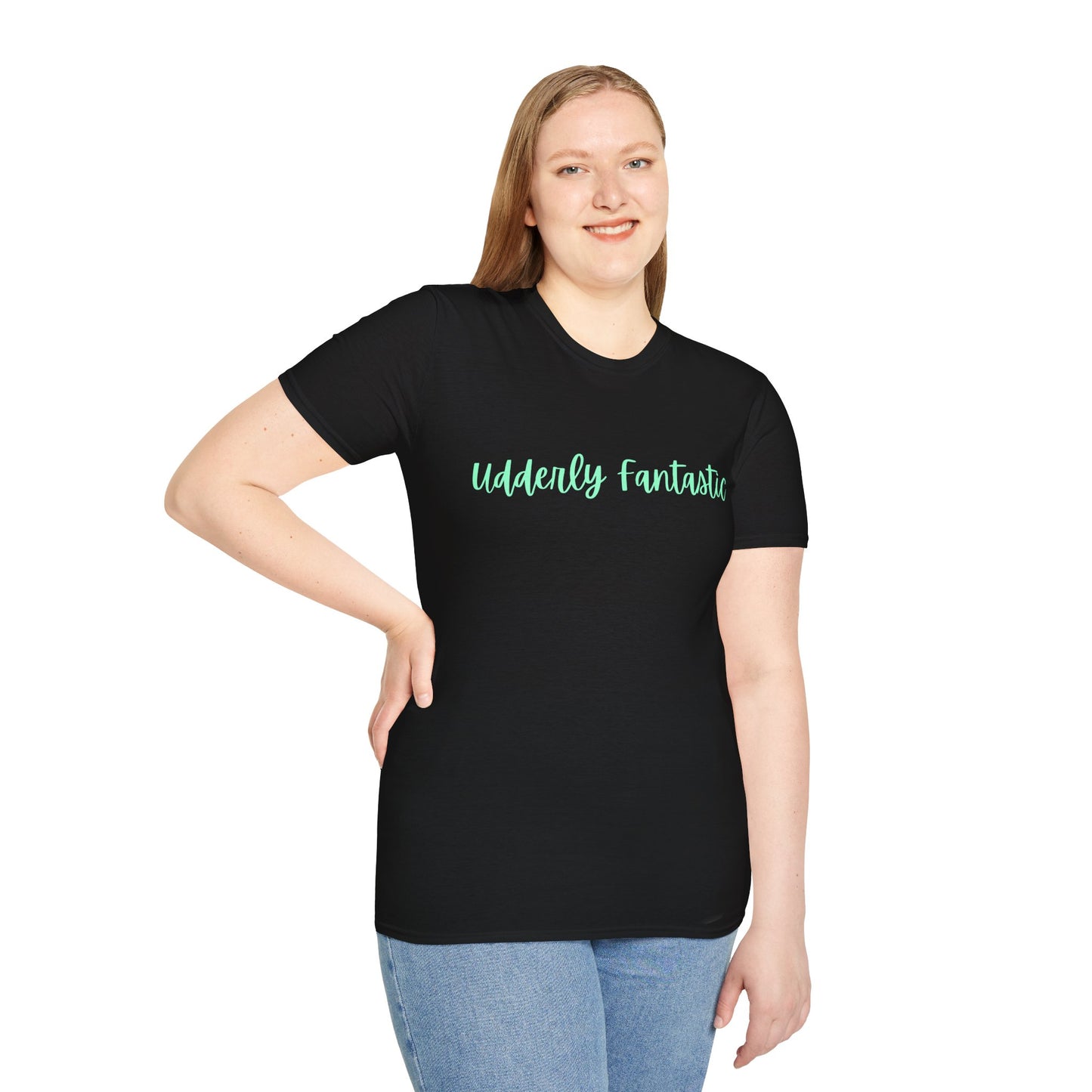 T-Shirt — "Udderly Fantastic" Script Tee (Funny Cow Pun, Farm Lover Gift)