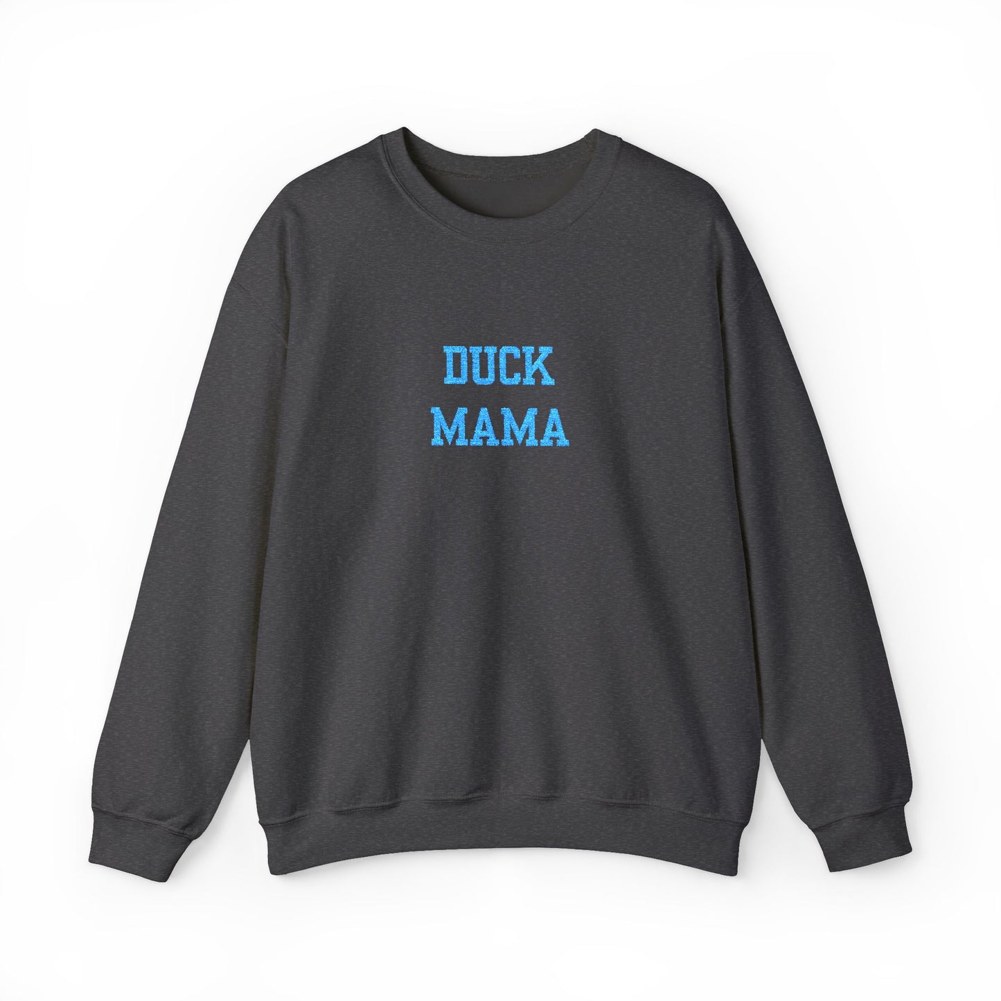 Embroidered Crewneck Sweatshirt — "DUCK MAMA" Blue Script Cozy Mom Pullover