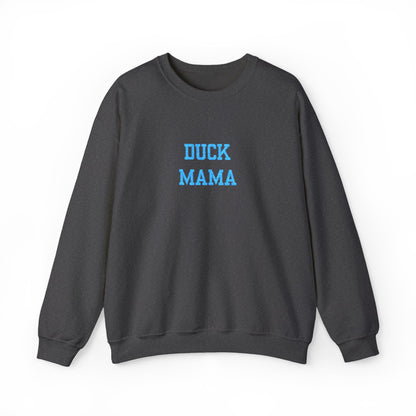 Embroidered Crewneck Sweatshirt — "DUCK MAMA" Blue Script Cozy Mom Pullover