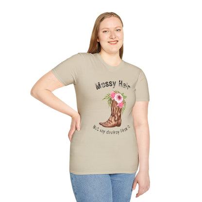 Messy Hair Don’t Care Cowboy Boot T-Shirt