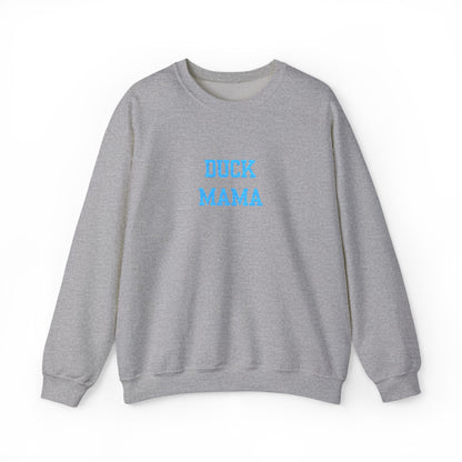 Embroidered Crewneck Sweatshirt — "DUCK MAMA" Blue Script Cozy Mom Pullover