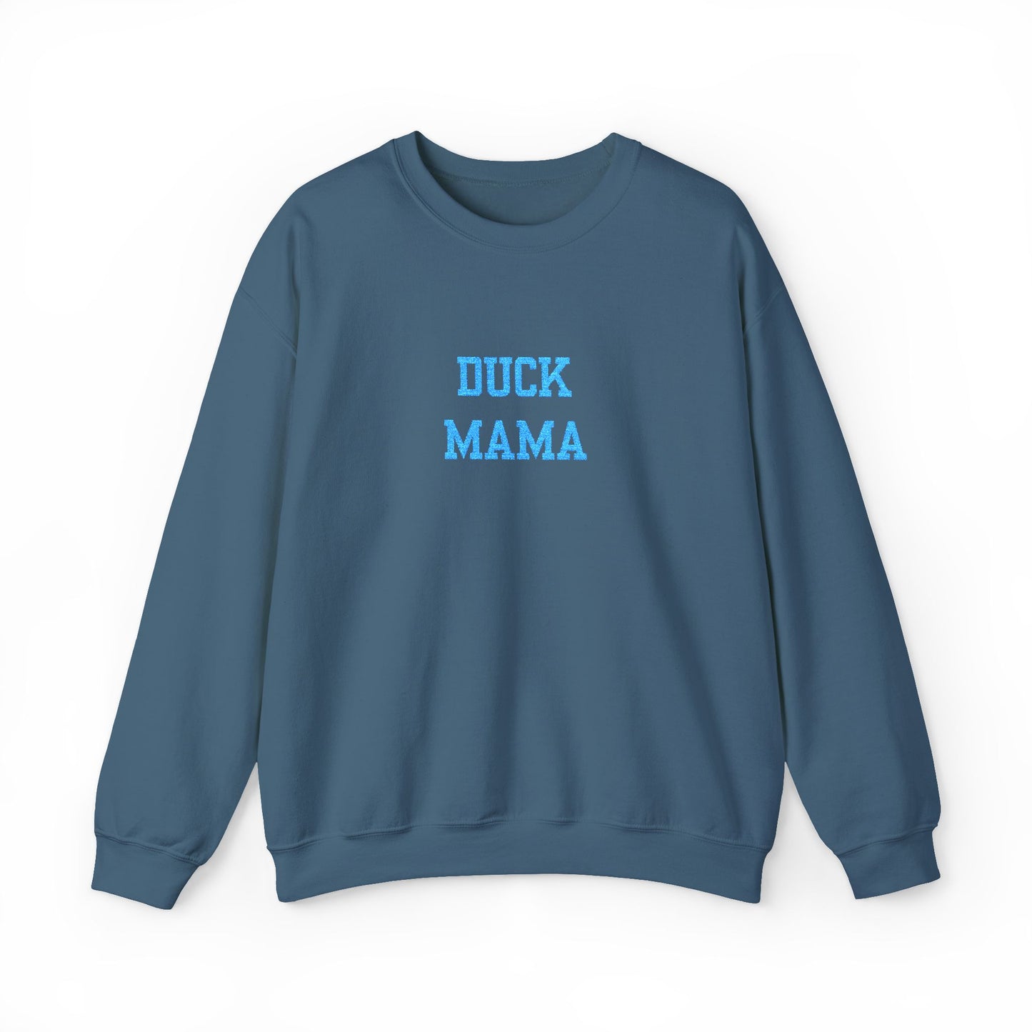 Embroidered Crewneck Sweatshirt — "DUCK MAMA" Blue Script Cozy Mom Pullover