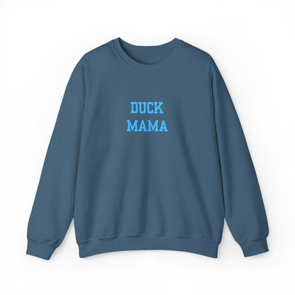Embroidered Crewneck Sweatshirt — "DUCK MAMA" Blue Script Cozy Mom Pullover
